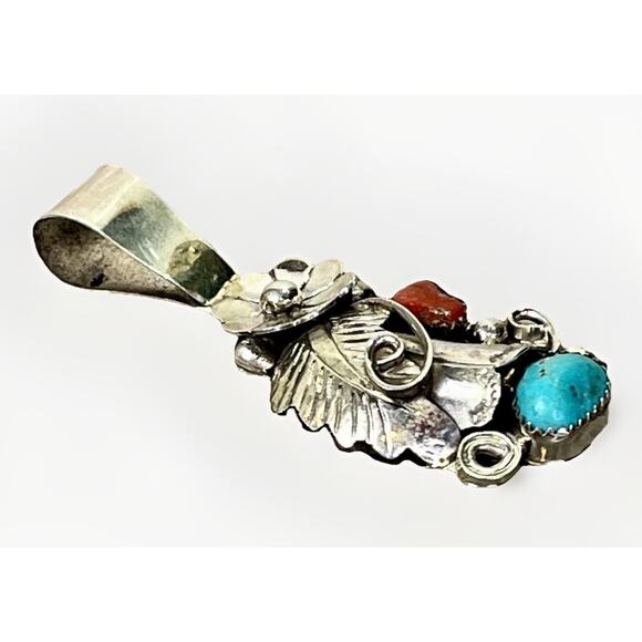 Large Vintage Native Navajo Turquoise Coral Sterling Silver Pendant 2.5” Signed - Picture 8 of 13